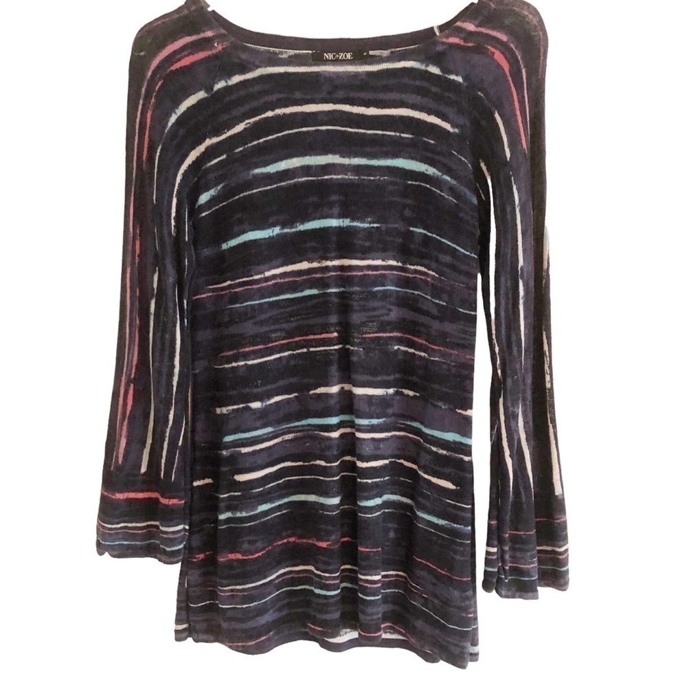 Nic & Zoe Multi Colored Striped Print Linen Blend Bell Sleeve Top Size Small
